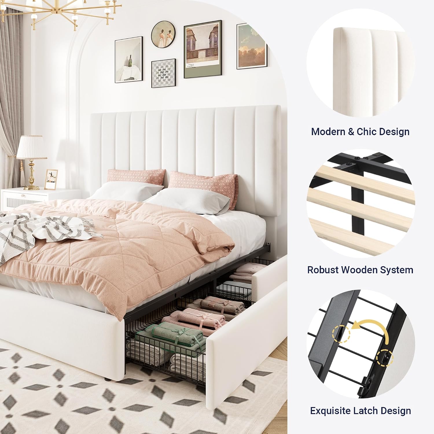 Allewie Full Size Storage Bed Frame, Vertical Channel Tufted Adjustable Headboard, Velvet Upholstered Platform Bed with 4 Oversized Underbed Drawers, Wooden Slats Support, No Box Spring Needed, White