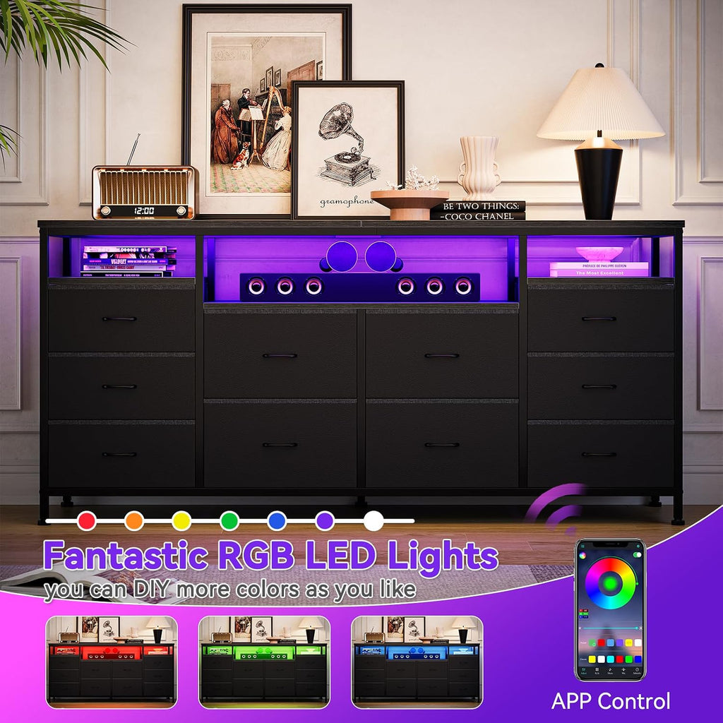 63.3 in Black Dresser for Bedroom, 10 Drawer Dresser TV Stand for 65 70 75 in TV, Fabric Chest of Drawers with LED Lights & Power Outlets, Long Entertainment Center for Closet, Living Room, Entryw