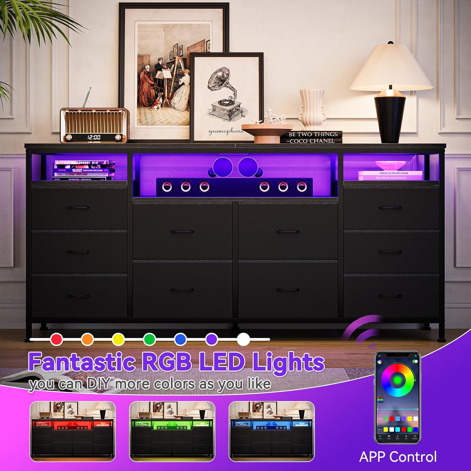 63.3 in Black Dresser for Bedroom, 10 Drawer Dresser TV Stand for 65 70 75 in TV, Fabric Chest of Drawers with LED Lights & Power Outlets, Long Entertainment Center for Closet, Living Room, Entryw