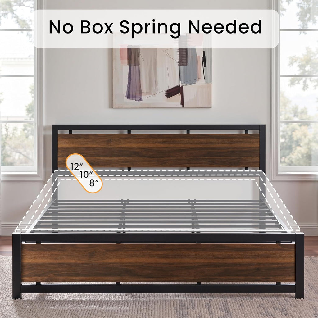 LIKIMIO King Bed Frame with Headboard and Footboard, Metal Strong Supports, Easy Assembly, Noise-Free, No Box Spring Needed, Dark Walnut