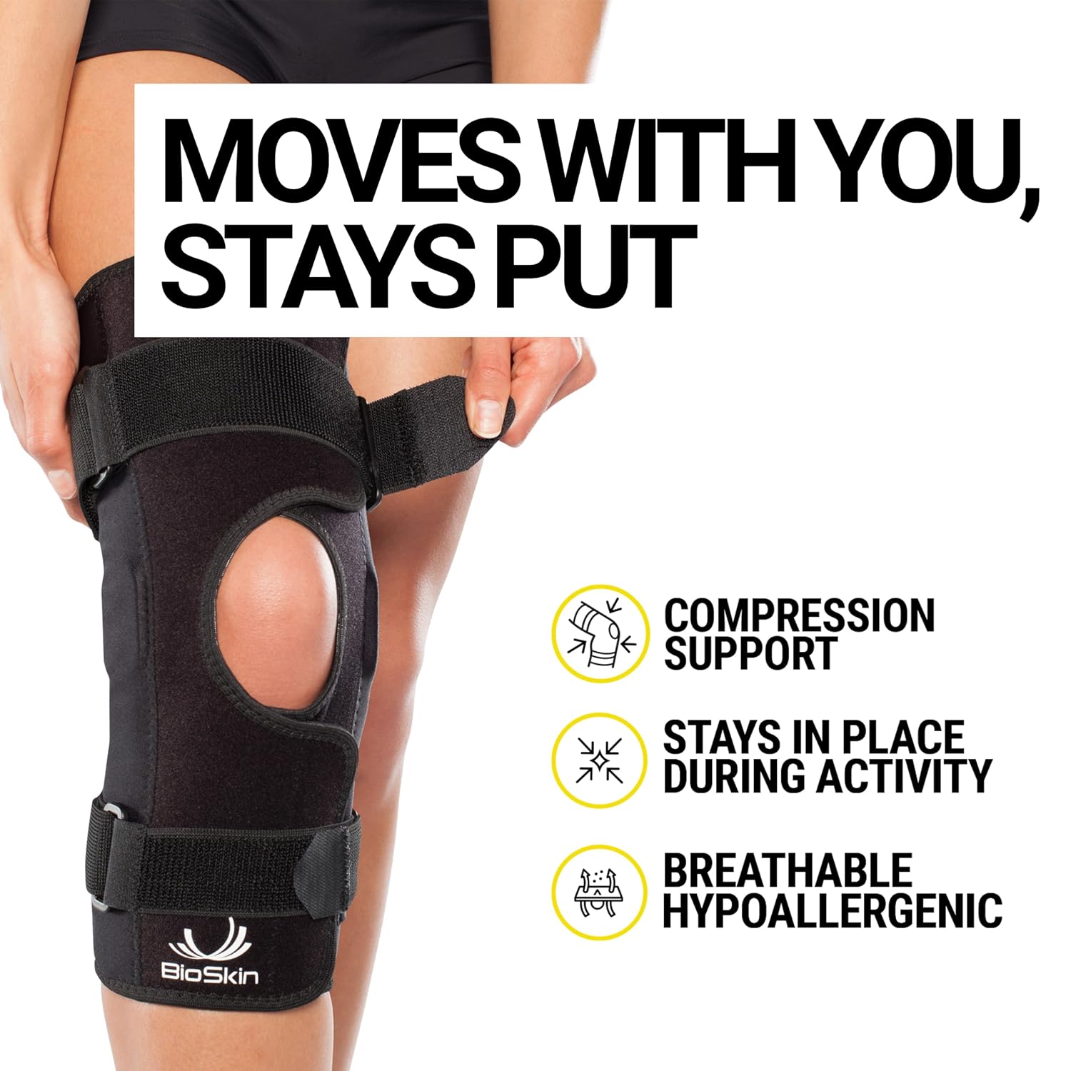 BioSkin Wraparound Hinged Knee Brace - Stays-in-Place Stability, Adjustable Compression Support for ACL/MCL, Meniscus & Arthritis, Lightweight Aluminum Side Hinges, Soft Breathable Hypoallergenic, Low-Profile (Medium)