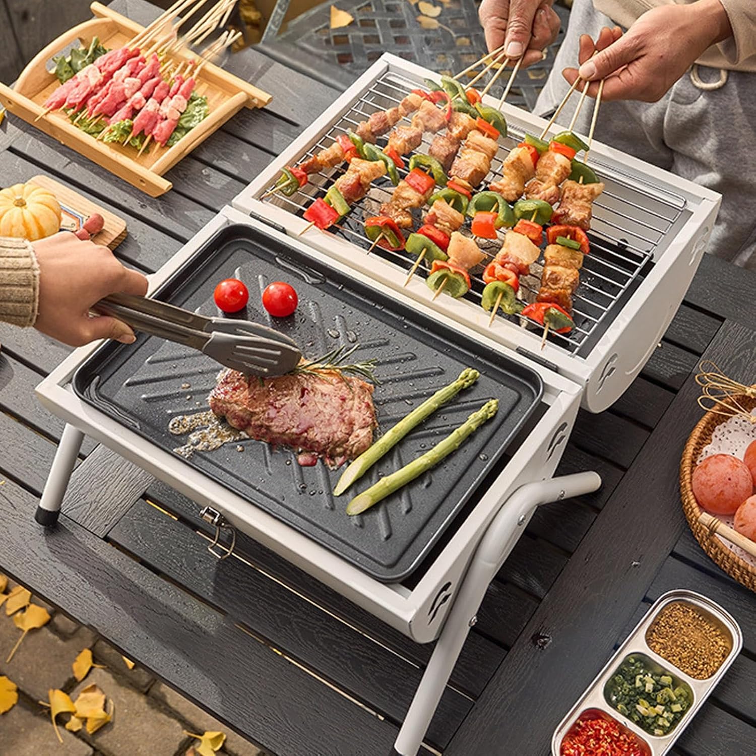 Charcoal Grills with Smoker and Griddle Portable Small Bbq Grill with Lid and Handle for Outdoor Camping Cooking Party Picnic Patio Backyard(White)