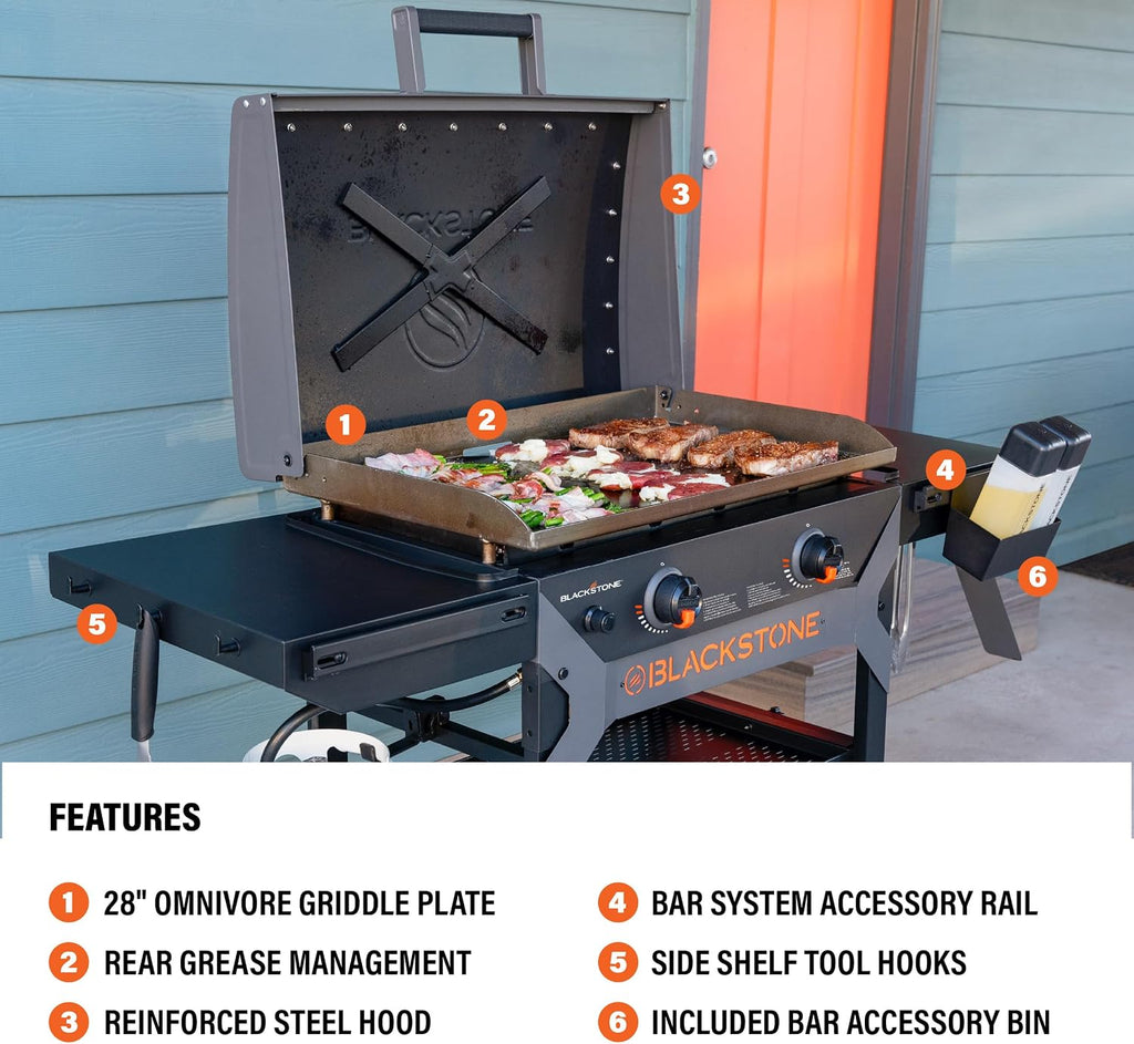 Blackstone 2311 Iron Forged 28' Omnivore Griddle with X-Braced Hood, Powder Coated Steel, Black