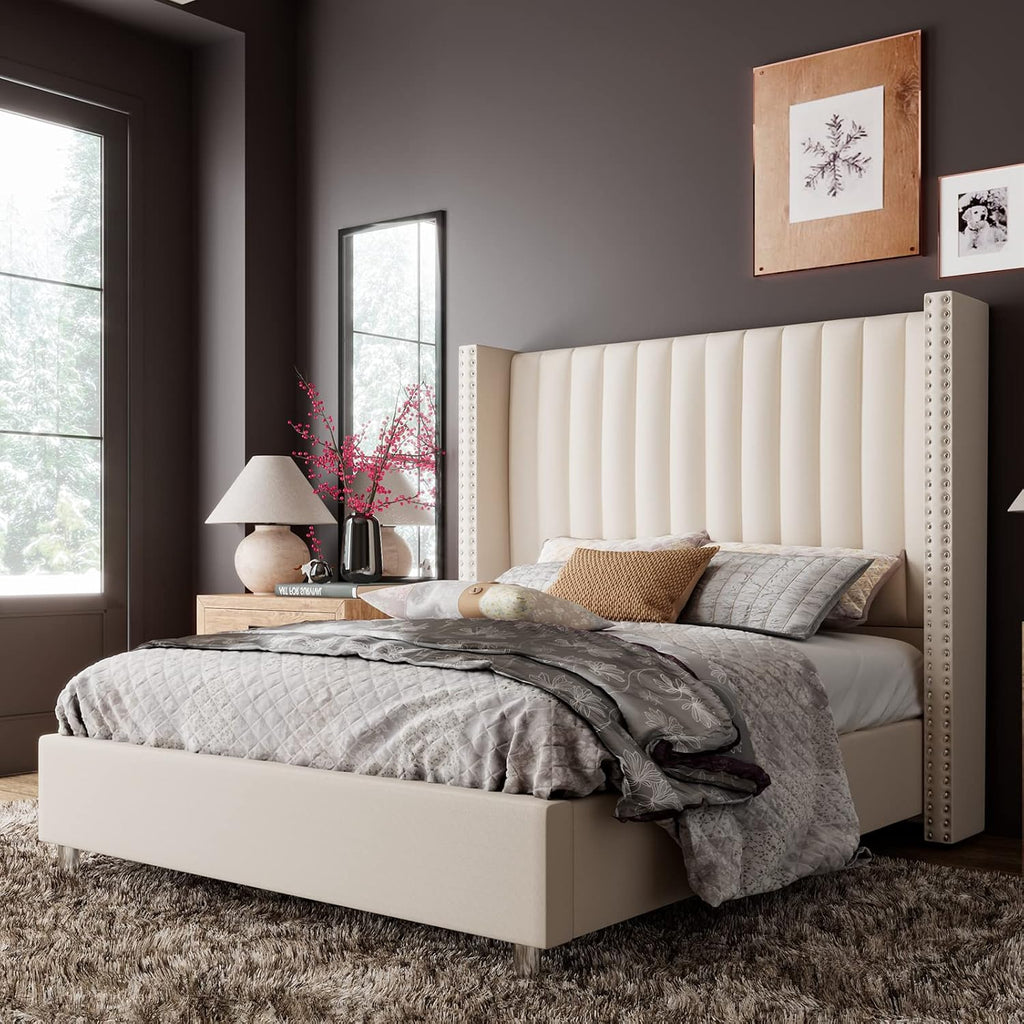 Jocisland Queen Size Upholstered Platform Bed Frame with Tall Wingback Headboard, Velvet Modern Luxury Design, No Box Spring Needed, Easy Assembly, Cream