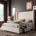Jocisland Queen Size Upholstered Platform Bed Frame with Tall Wingback Headboard, Velvet Modern Luxury Design, No Box Spring Needed, Easy Assembly, Cream