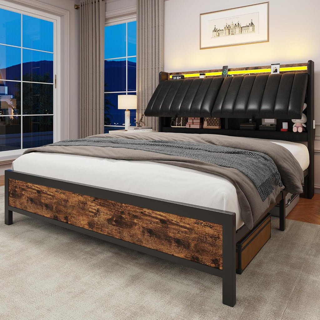 Full Size Bed Frame with Adjustable Backrest Hidden Storage Headboard, PU Leather Upholstered Full Bed Frame with Charging Station and LED Lights, Heavy Duty, No Box Spring Needed, Black&Brown