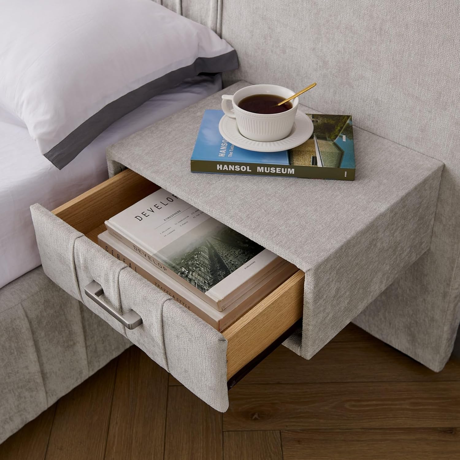 KEIKI King Size Chenille Bed Frame with 2 Nightstands, Lamps & Oversize Headboard, Solid Wood Frame Platform Night Stand Bedroom Set, Upholstered Floor Grounded Bed, No Box Spring Needed, Beige