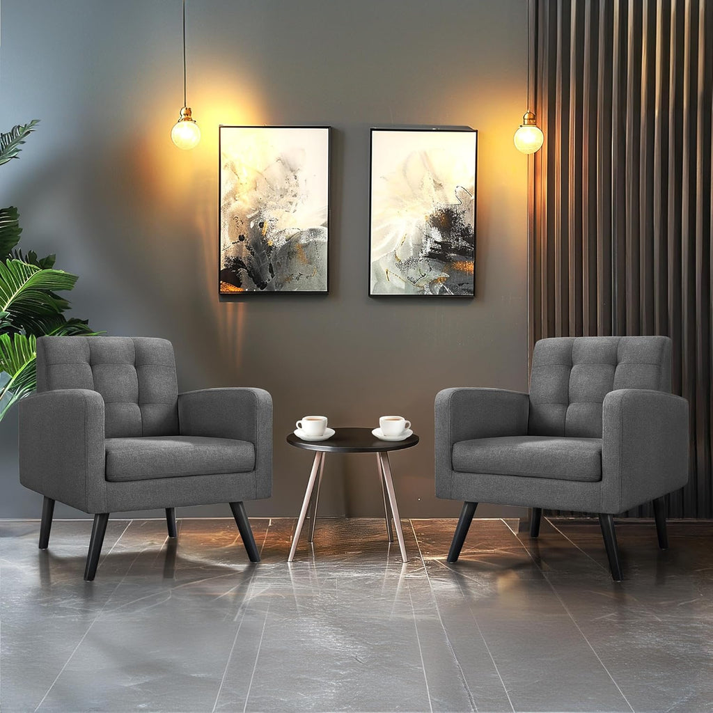 Yaheetech Mid-Century Accent Chairs, Modern Upholstered Living Room Chair, Cozy Armchair Button Tufted Back and Wood Legs for Bedroom/Office/Cafe, Set of 2, Gray