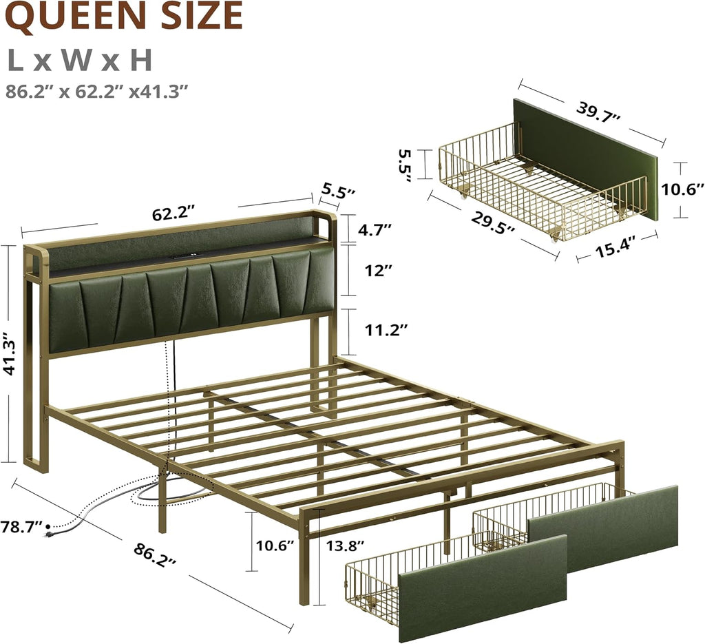LIKIMIO Queen Bed Frame, Storage Headboard with Charging Station, Platform Bed with Drawers, No Box Spring Needed, Easy Assembly, Dark Green