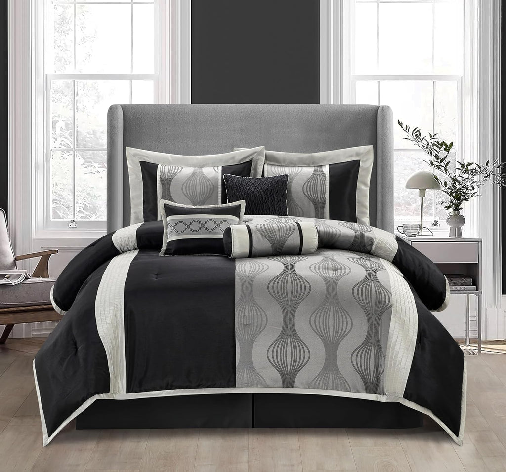 Stratford Park Elegant Black and Silver Comforter Set King Size, 7 Pieces Bedding & Collection, Jacquard All Season Comforter & Pillows, Ultra-Soft Microfiber