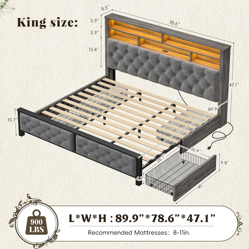 EnHomee King Size Bed Frame with 4 Drawers and Upholstered Storage Headboard,Wooden King Bed Frame with Charging Station and LED Lights,NO Noise,No Box Spring Needed,Gray