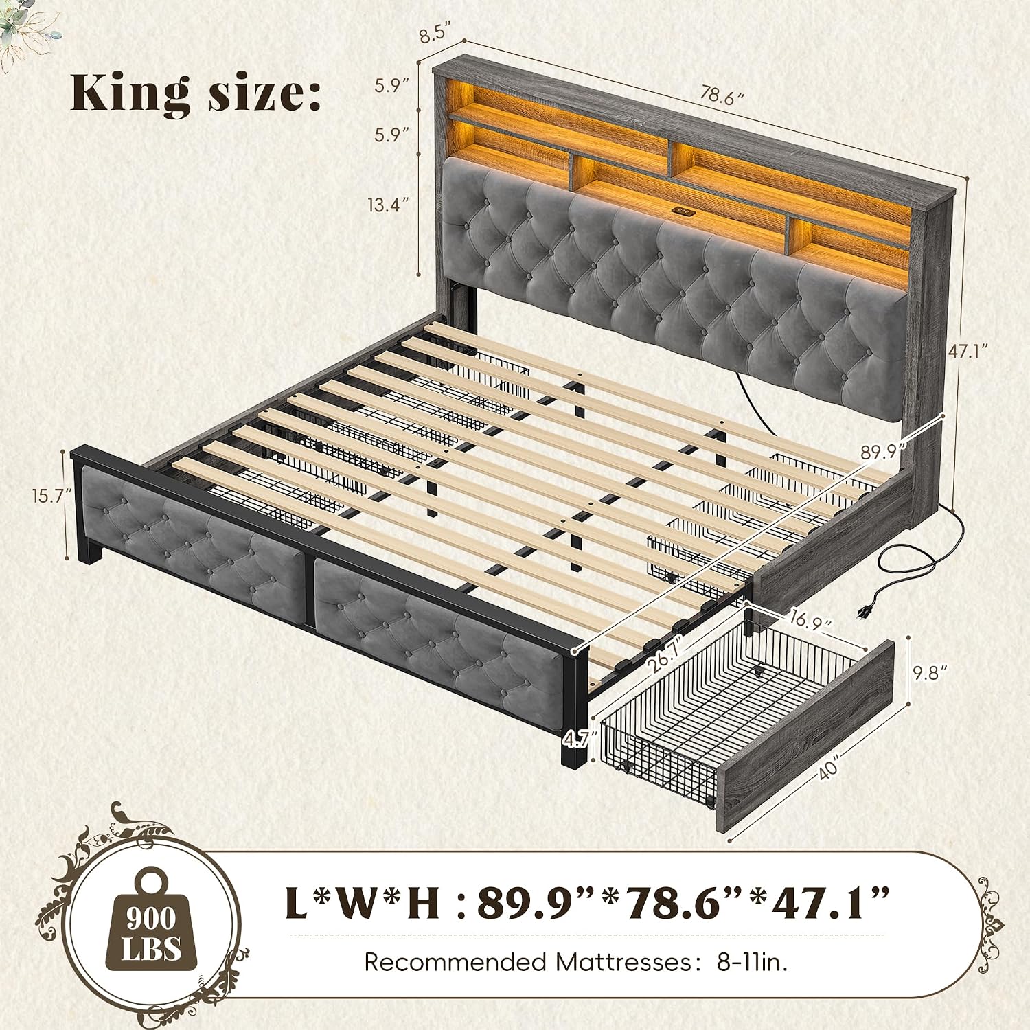 EnHomee King Size Bed Frame with 4 Drawers and Upholstered Storage Headboard,Wooden King Bed Frame with Charging Station and LED Lights,NO Noise,No Box Spring Needed,Gray