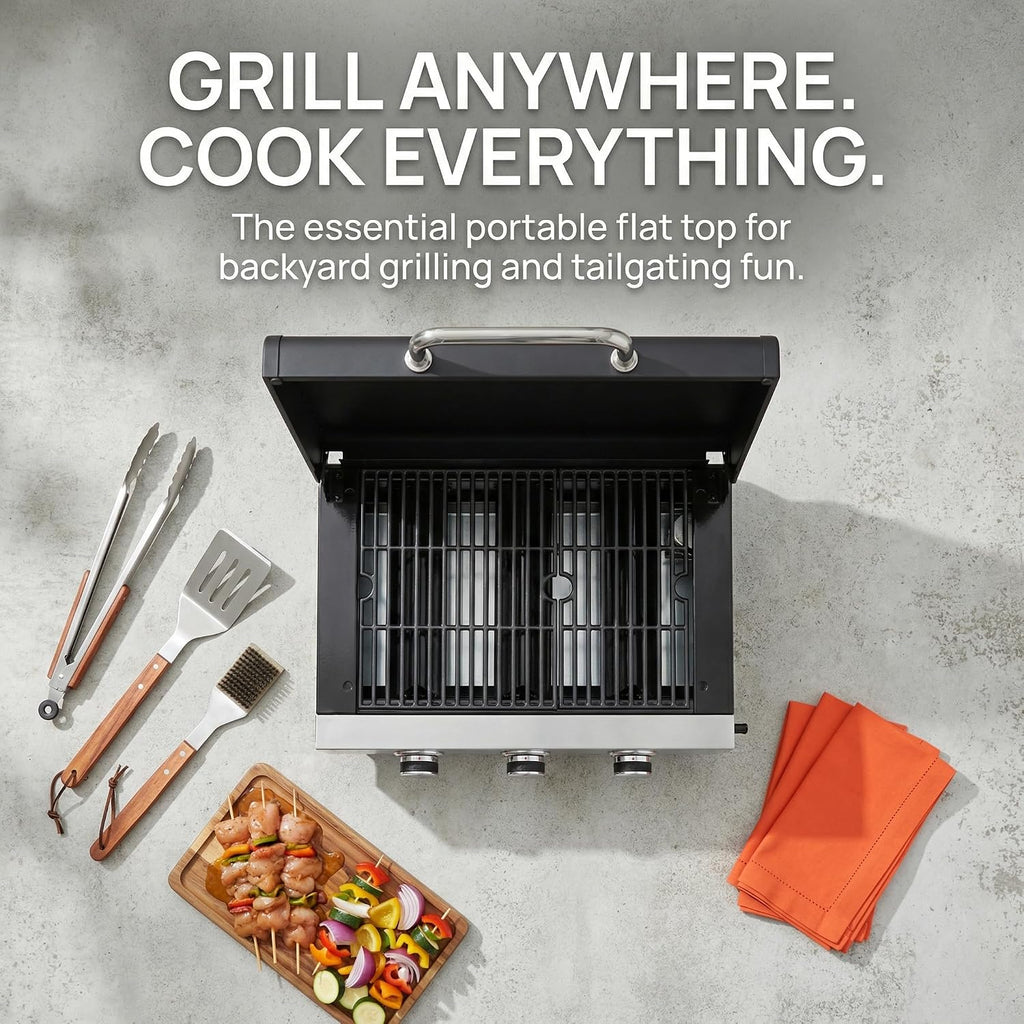Portable Flat Top Grill, 3 Burner Gas Grill with Cast Iron Grids, 26 IN Tabletop Propane Griddle, 28650BTU High Power & Ceramic Coated Pan, Camping Barbecue and Tailgating Griddle (26 IN)
