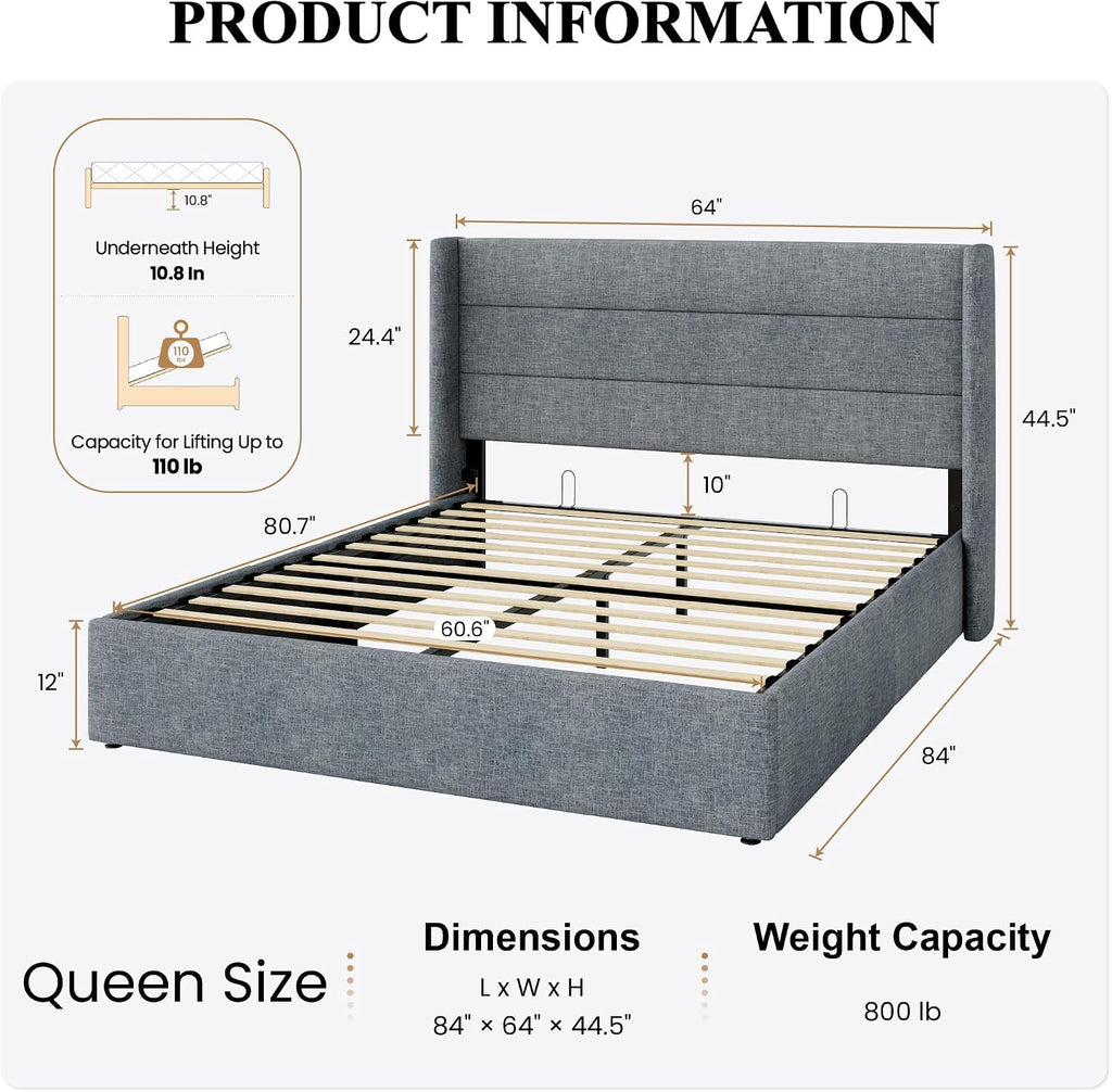 SHA CERLIN Queen Size Lift Up Storage Bed/Modern Wingback Headboard/Upholstered Platform Bed Frame/Hydraulic Storage/No Box Spring Needed/Wood Slats Support/Grey Blue