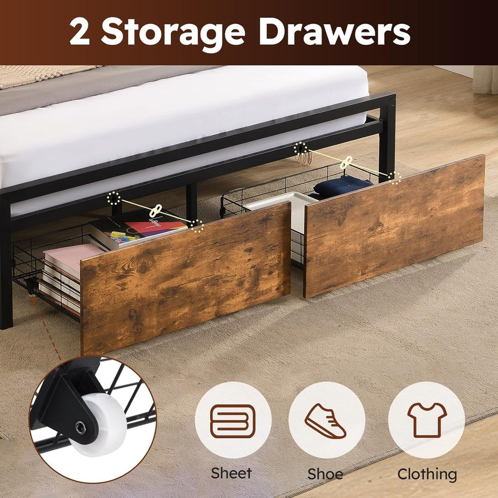Kiivakii Queen Size Bed Frame, LED Storage Headboard with Charging Station, 2 Drawers Platform Bed Frames, Stable and Solid, No Box Spring Needed, Rustic Brown