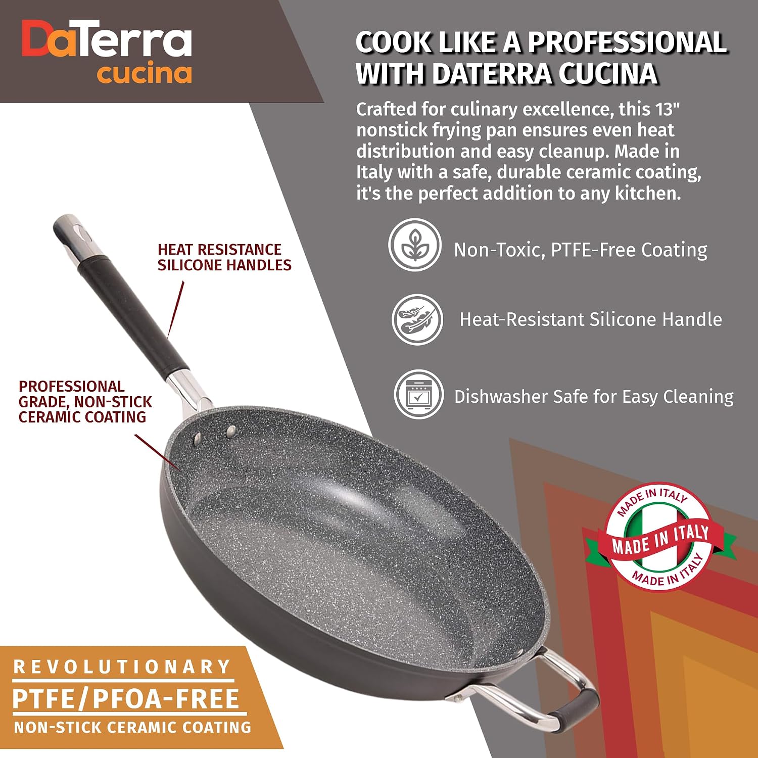 DaTerra Cucina 13' Non-stick Ceramic Frying Pan - Large Nonstick Frying Pan for Cooking - Induction Compatible & Oven Safe, High Heat Resistant - PTFE, Lead, Cadmium & PFOA Free, Made in Italy - Black