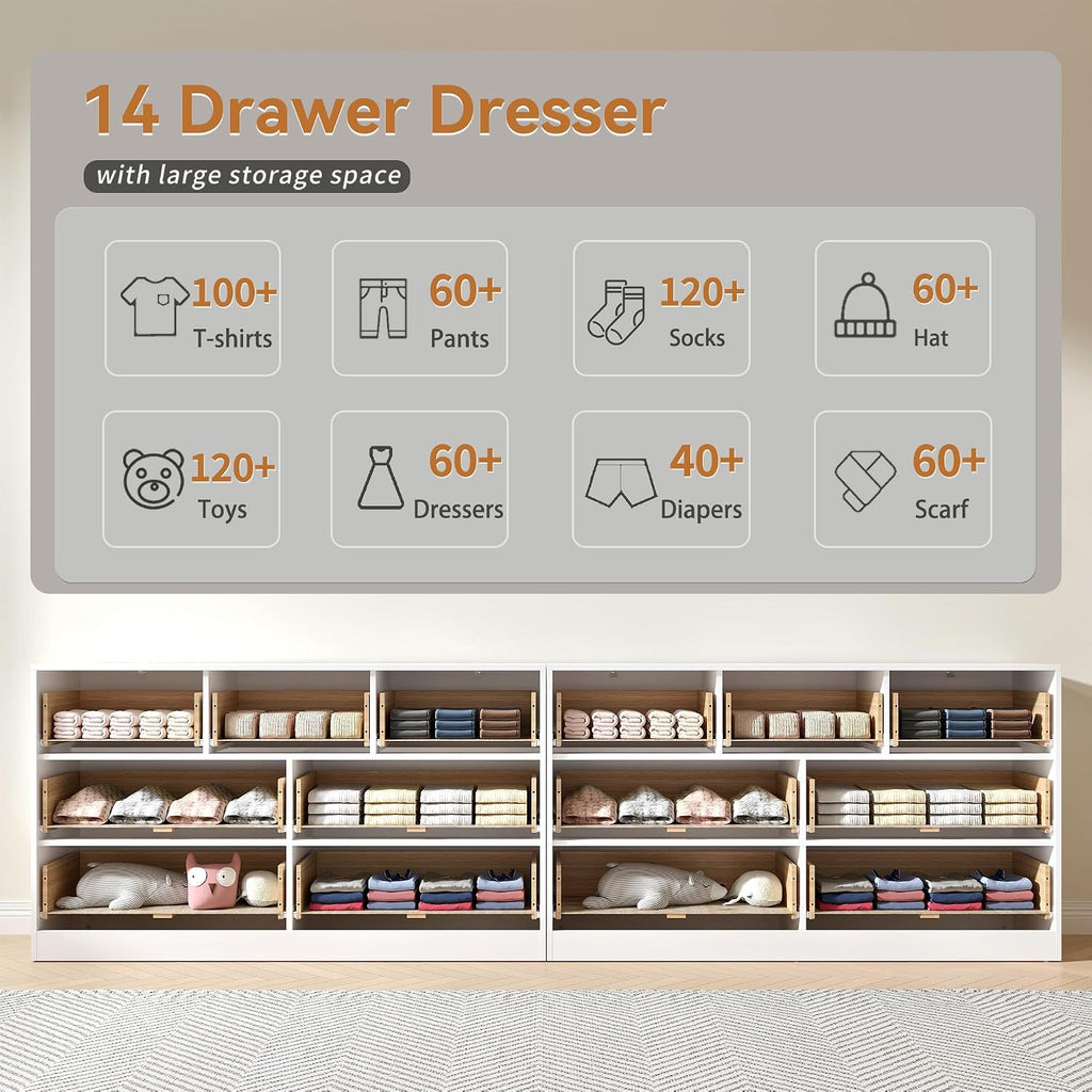 White Dresser Set of 2, Long Dresser for Bedroom Wooden with 14 Drawers, Fluted Modern Bedroom Furniture Set, TV Stand Dressers & Chests of Drawers for Closet (15.7'D x 110.2'W x 31.8'H)