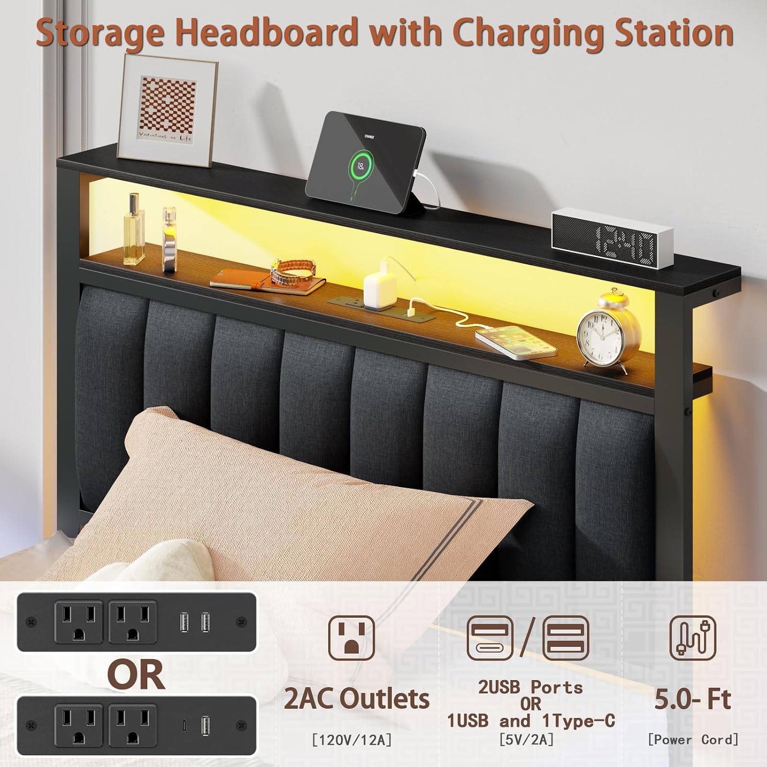 Furnulem Twin Bed Frames with Charging Station and LED Lights, Grey Upholstered Headboard with Shelves, Metal Platform Bed with 2 Under-Bed Storage (Fabric Drawer on Wheels), No Box Spring Needed