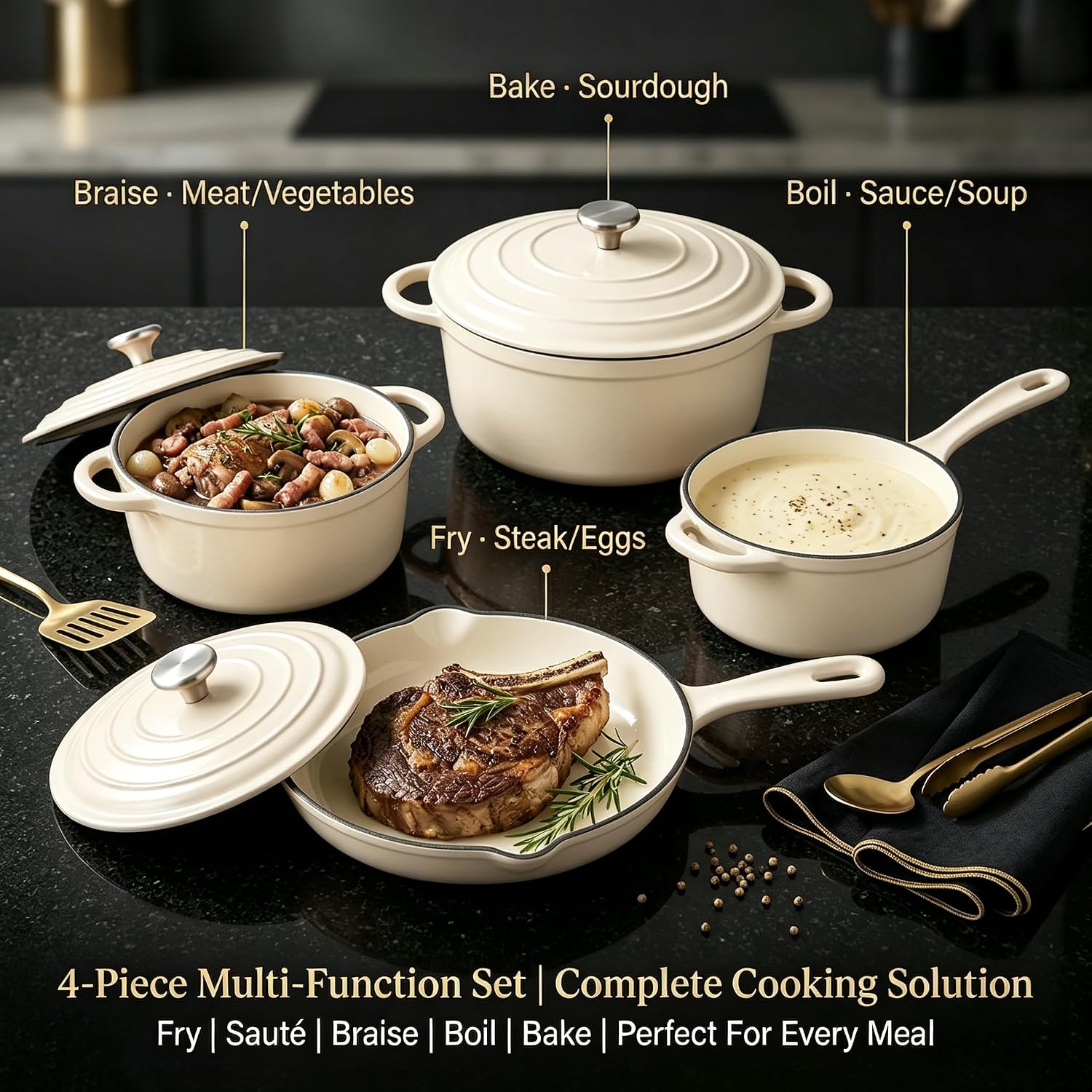 QuliMetal Enameled Cast Iron Cookware Set, 4-Piece Pots and Pans Set with Lids, 10.25' Skillet, 2QT Saucepan, 2.8QT & 4.8QT Dutch Ovens, Oven Safe to 500°F, All Stovetops Compatible - Cream White