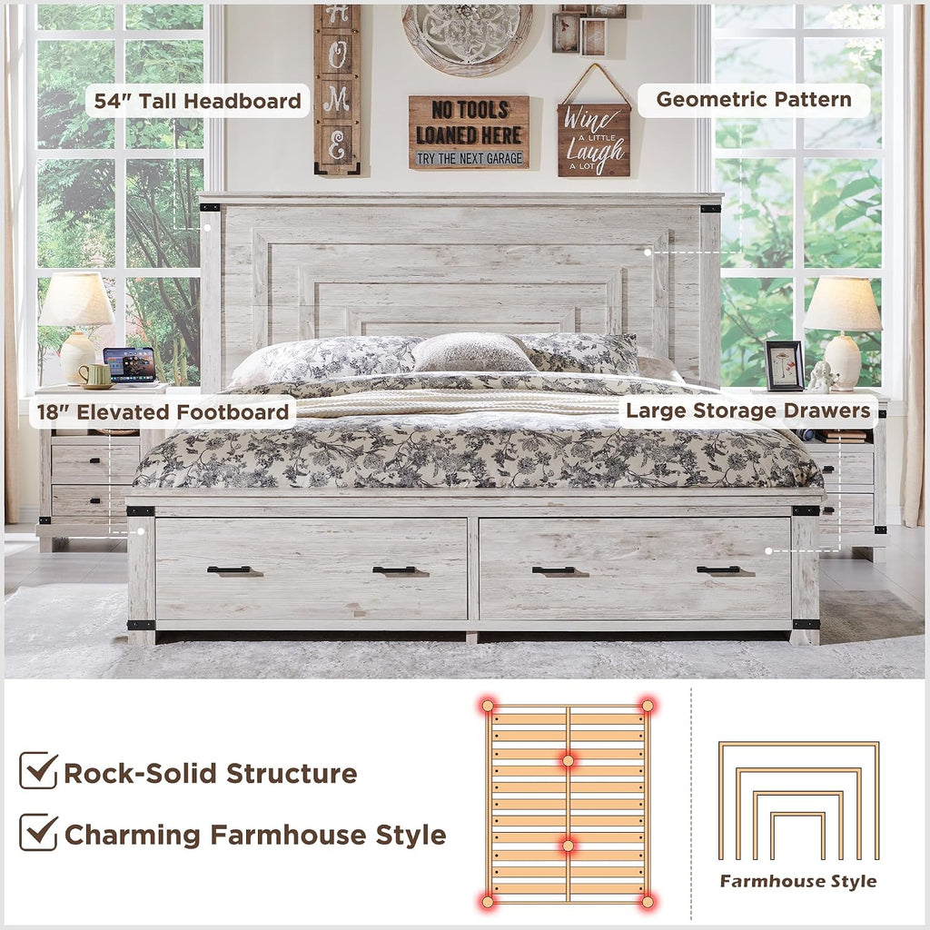 RedLemon Farmhouse Queen Size Bed Frame w/ 54' Tall Geometric Headboard, Rustic Wood Platform Bed w/ 2 Large Storage Drawers, Wood Slats Support, Noise Free, No Box Spring Needed, Antique Brush White