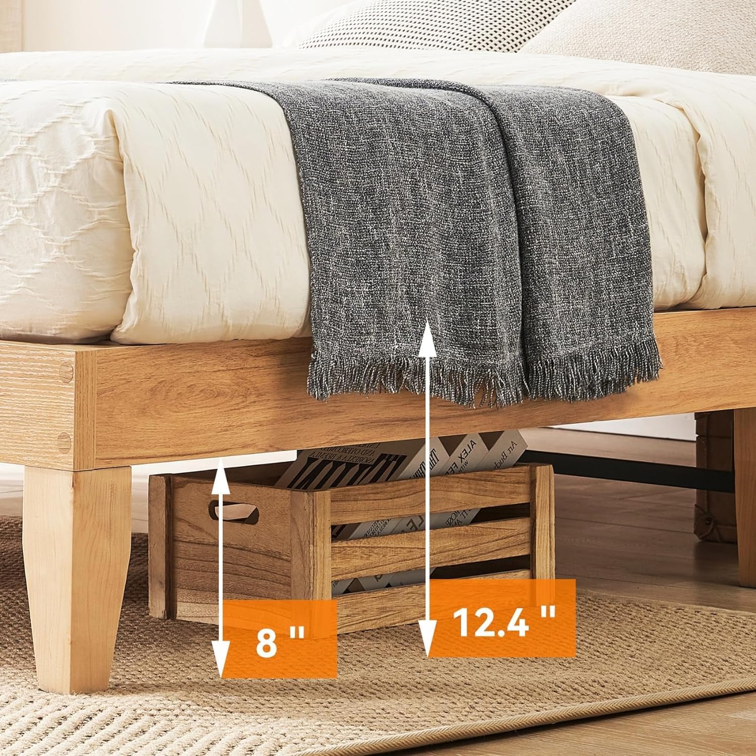 coucheta Rattan Bed Frame Queen with Natural Rattan Headboard,Queen Bed Frame with LED Lights,Rattan Queen Bed Frame with Headboard,Solid Wood Foundation with Silent Slats,No Box Spring Needed(Queen)