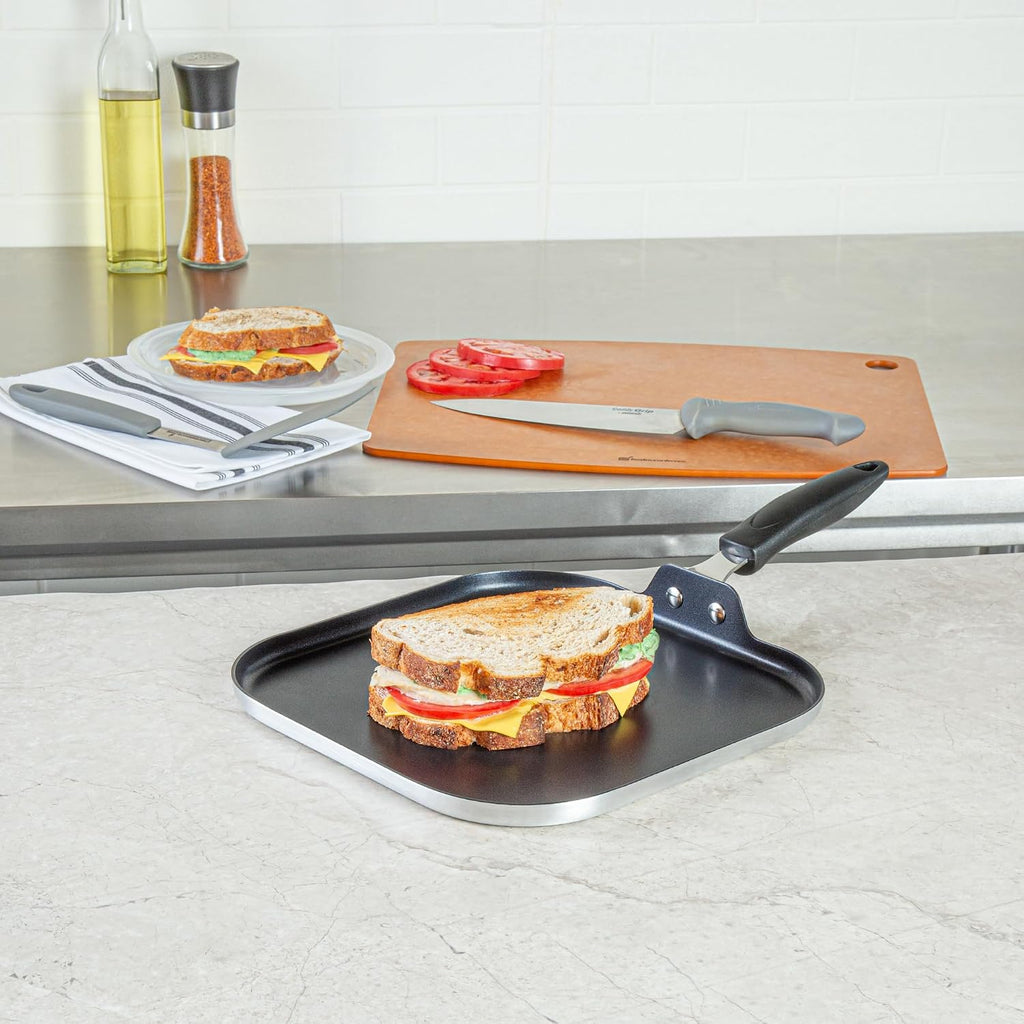 Restaurantware Nonstick Griddle Pan - 10 Count 11 x 11 Inch Aluminum Nonstick Frying Griddle With Bakelite Handle - Square Frying Pan With Even Heating - Black Cooking Surface For Home Kitchens