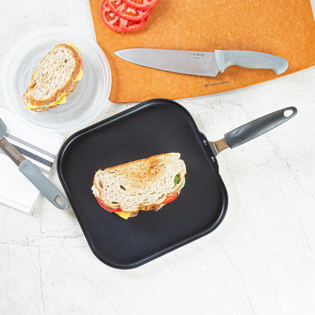Restaurantware Nonstick Griddle Pan - 10 Count 11 x 11 Inch Aluminum Nonstick Frying Griddle With Bakelite Handle - Square Frying Pan With Even Heating - Black Cooking Surface For Home Kitchens