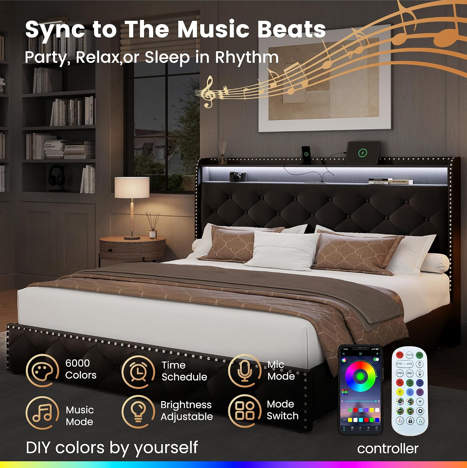 LARMACE King Size Bed Frame with 4 Storage Drawers Velvet Upholstered Tufted Bed Frame King Platform with LED Lights&USB Type-C Charging Station,Heavy Duty/No Box Spring Needed, Easy Assembly,Black