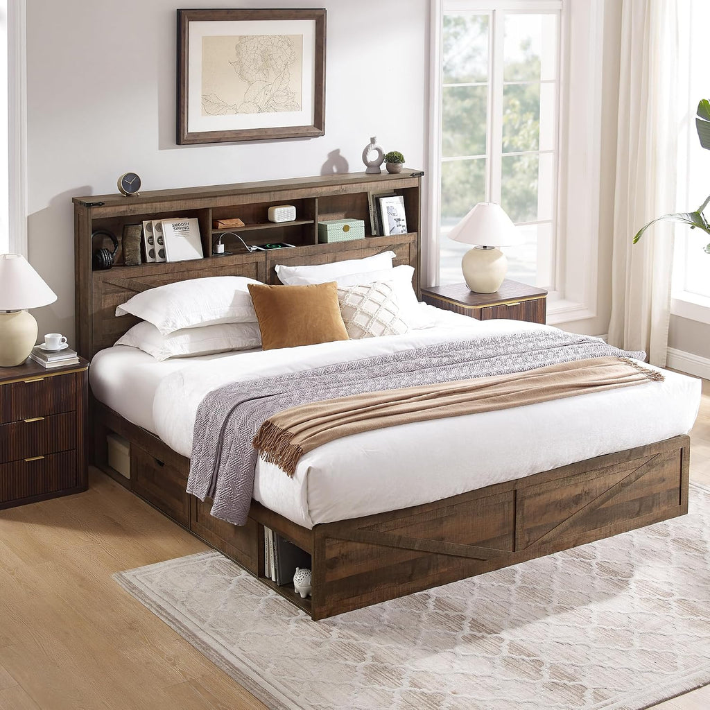 ACCOHOHO Farmhouse King Size Bed Frame with 52' High Storage Bookcase Headboard and 4 Drawers,Wooden Bed Frame with LED Light and Charging Station,Light Brown