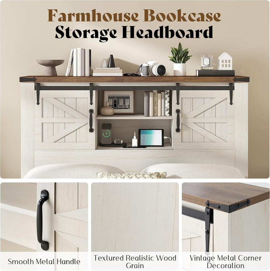 AMERLIFE 4-Piece Farmhouse Bedroom Set in Distressed White, Full Size Bed Frame with Bookcase Headboard, 5-Drawer Tall Dresser, 47'' Dresser with 4 Drawers, 60' Dresser with 4 Drawers