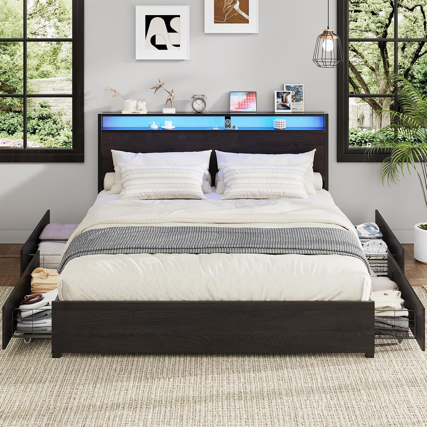 Kiivakii King Size Bed Frame with 4 Storage Drawers, LED Platform Bed with Headboard, Built in Charging Station, Noise Free, Metal Support Base, No Box Spring Needed, Black