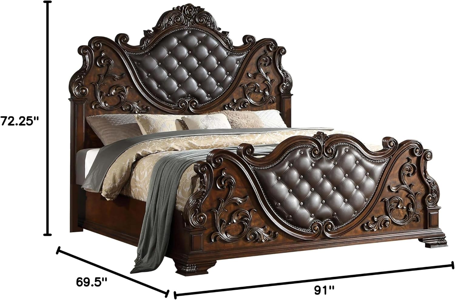First of a Kind Cosmos Furniture Santa Monica Traditional Queen Bed - Cherry Finish Wood Bed with Tufted Headboard, Nail Head Trim - Queen Size for Classic Bedroom Decor
