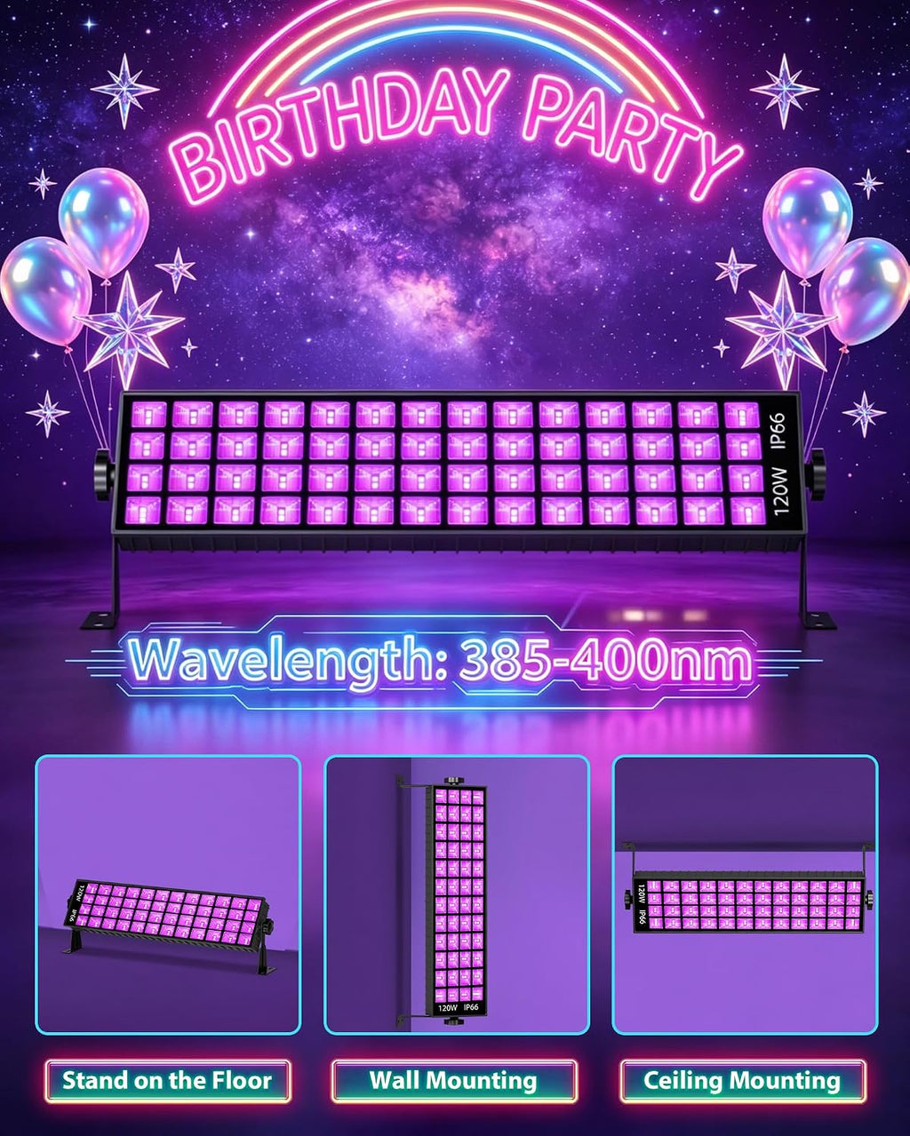 6 Pack 120W Black Light Bar, IP66 Waterproof LED Blacklights with Plug+Switch+5.9ft Cord, Light Up 5000ft² Area, for Halloween Glow Fluorescent Party Bedroom Game Room Body Paint Stage