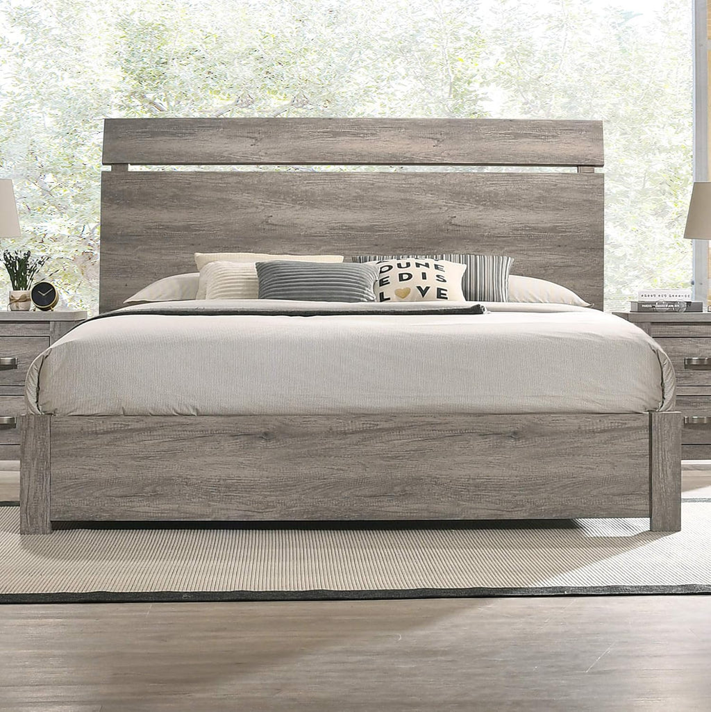 Floren Contemporary Weathered Gray Wood Bedroom Set, King Panel Bed, Dresser, Mirror, Nightstand