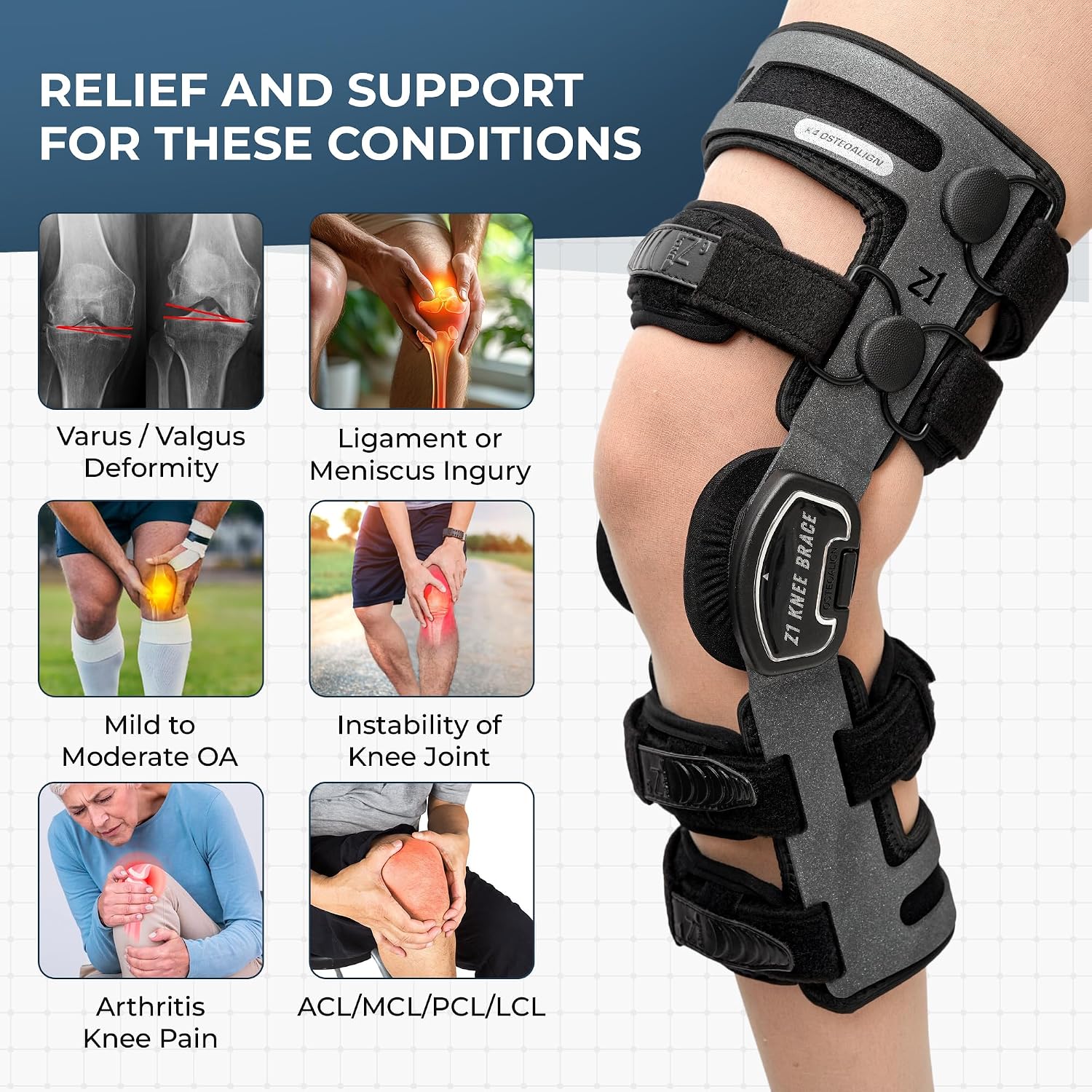 Z1 K4 OsteoAlign Hinged Knee Brace - Knee Support for ACL, MCL, Ligament Sports Injuries, Arthritis (OA), Meniscus Tear, Relief from Knee Joint Pain with Side Stabilizers for Men & Women Size (XL)