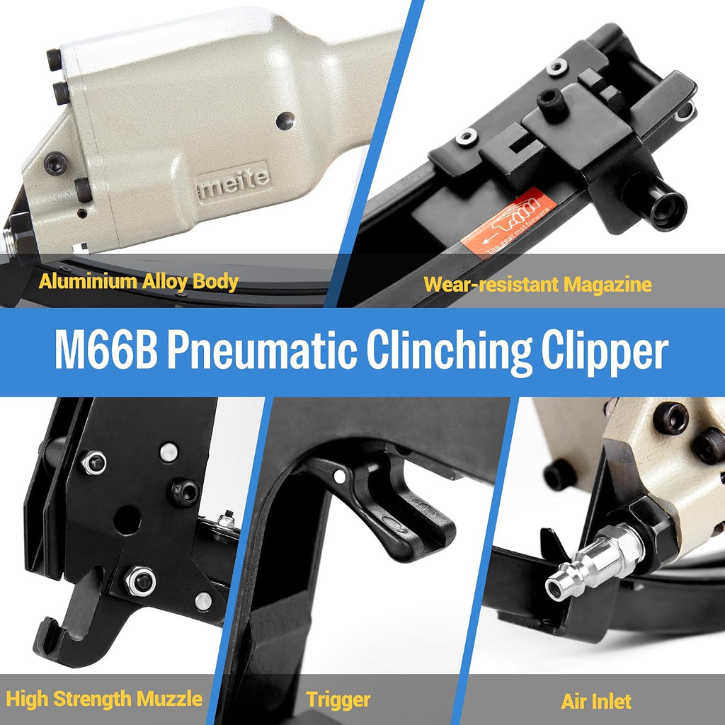 meite M66B Pneumatic Clinching Clipper 3/4 Inch Crown Clinch Clip Gun for Spring Mattress, Car Seats, Wire Cages