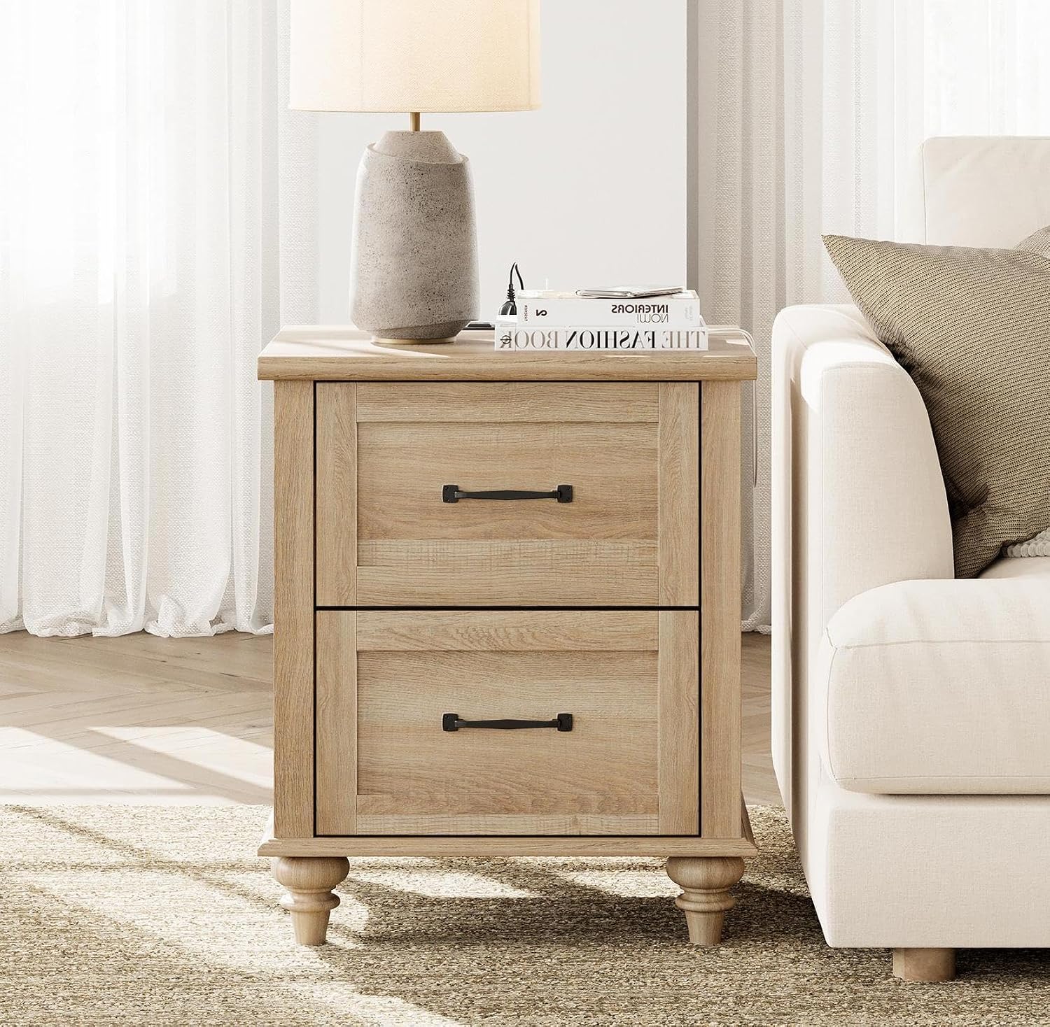 WAMPAT Nightstand with Charging Station, 20 Inch Night Stand with 2 Drawers, Wooden Rustic Bedside Table End Tables with Solid Wood Legs for Bedroom, Natural Oak