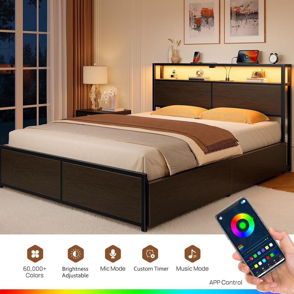 Rolanstar Full Size Bed Frame with 4 Storage Drawers, Charging Station and LED Lights, Metal Platform Bed with 2-Tier Storage Headboard, No Box Spring Needed, Easy Assembly, Noise-Free, Black