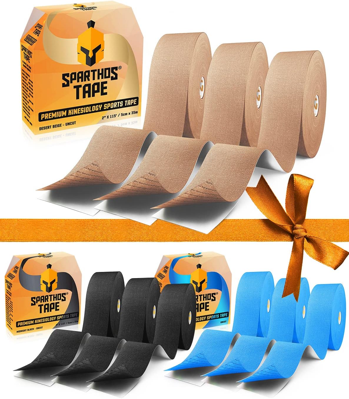 Sparthos Tape Color Bundle: Desert Beige + Electric Blue + Midnight Black [Uncut 115 ft. Roll] - Pack of 9