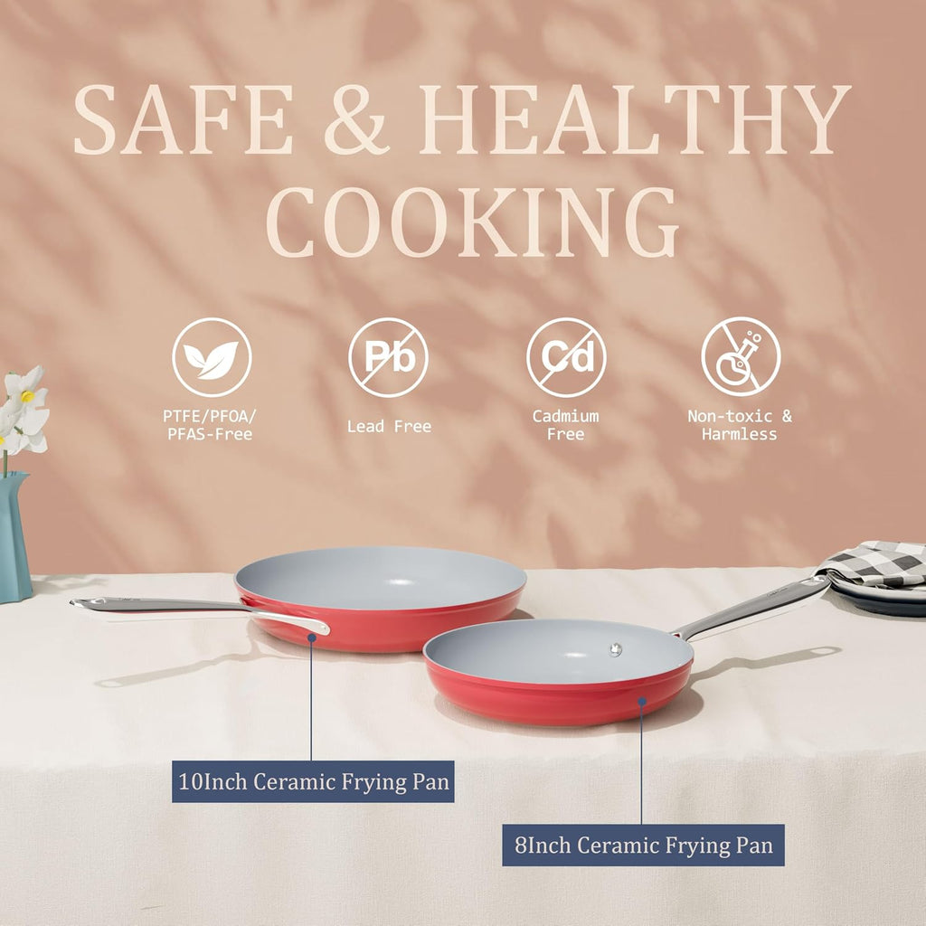 CookinCraze Ceramic Cookware Set, Pots and Pans Set Nonstick with Lid PFAS & PFOA Free, Induction Compatible Oven Safe Up to 500°F Even Heat Distribution, Fusion Red