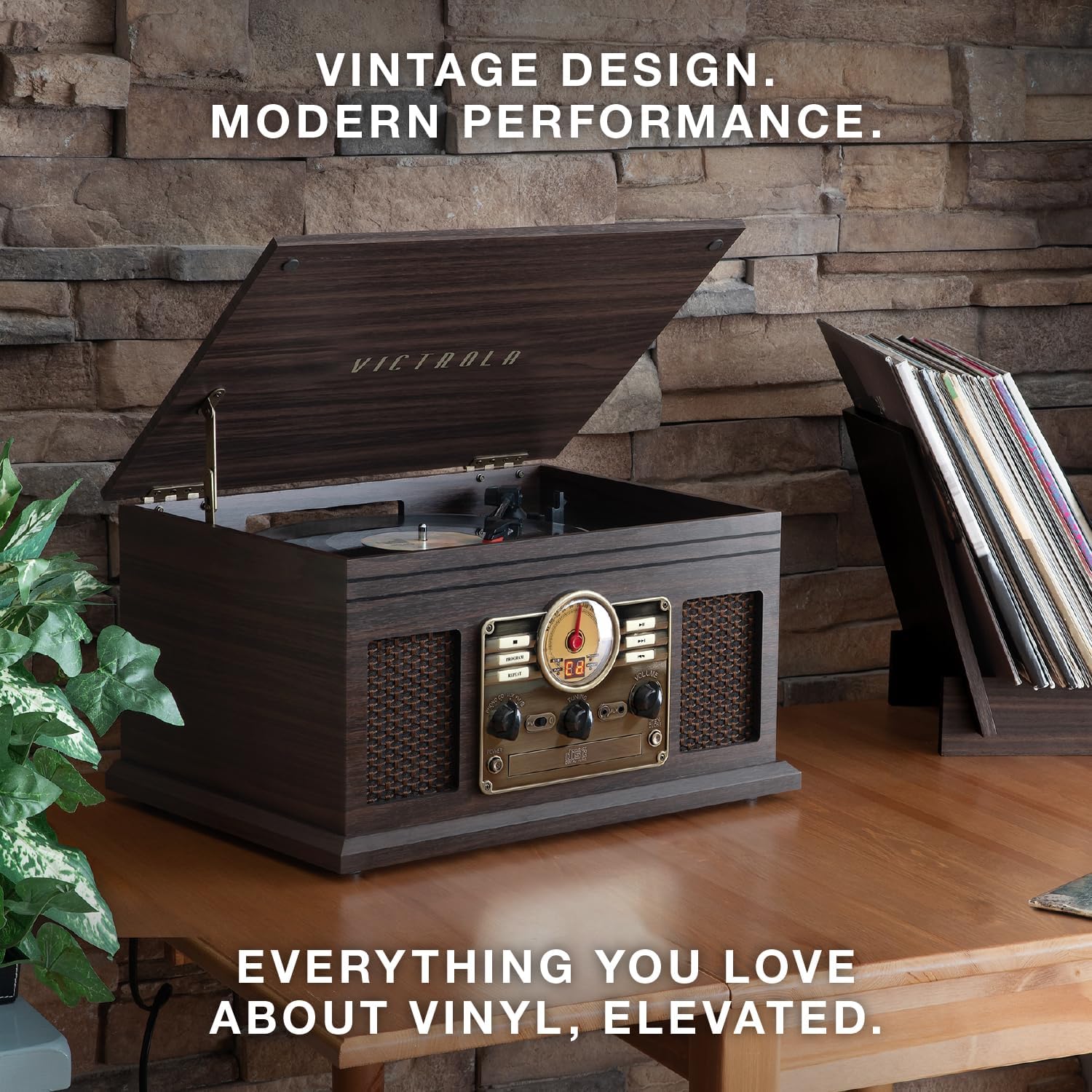 Victrola The Quincy 6-in-1 Bluetooth Record Player & Multimedia Center with Built-in Speakers – 3-Speed Turntable, CD & Cassette Player, FM Radio, Wireless Music Streaming (Grey Wood)