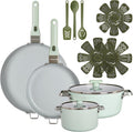 GoodCook Ceramic Cookware Set 14-Piece with Removable Handles, Nonstick Pots & Pans, Induction & Oven Safe, Sage Green