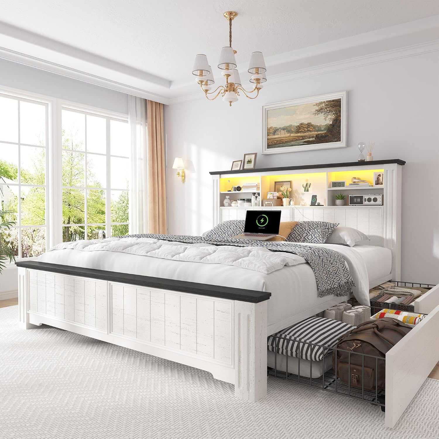 EnHomee Full Size Bed Frame with Headboard and Storage, 4 Drawers and LED Built in Charging Station Full Bed Frame with Storage Farmhouse,NO Noise,No Box Spring Needed,White