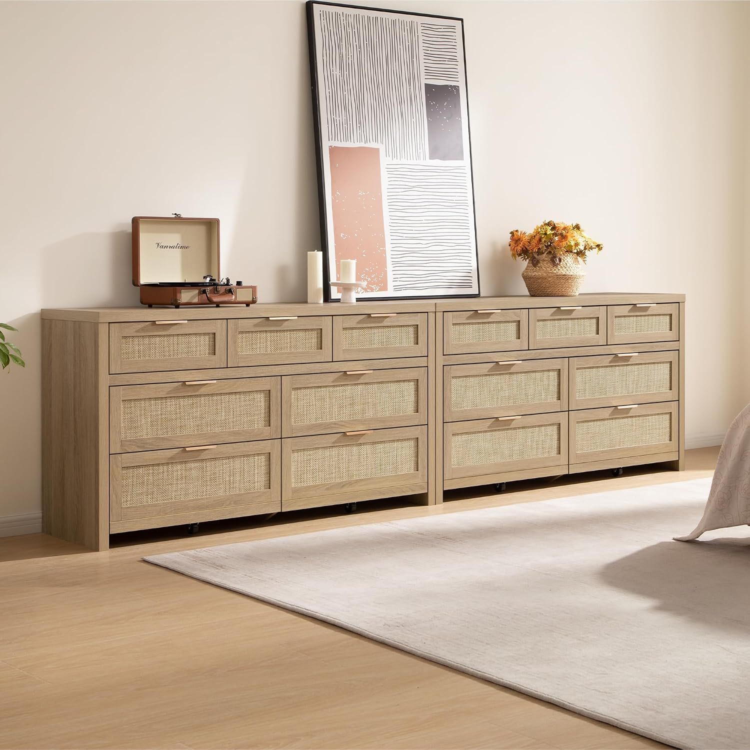 SICOTAS 7 Drawer Dresser for Bedroom, 57' Wide Rattan Dressers, Large Chest of Drawers for Bedroom, Dresser TV Stand, Boho Closet Organizer (Reclaimed Light Oak, 7 Drawers (1 pc))