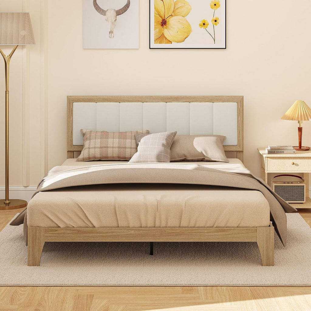 HOMCOM Queen Size Bed Frame with Upholstered Headboard, Platform Bed Frame with Wooden Slats, No Box Spring Needed, Easy Assembly, Natural