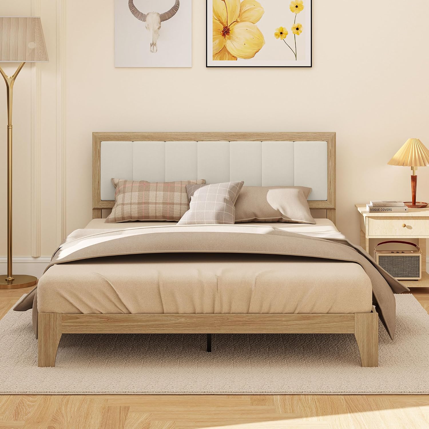 HOMCOM Queen Size Bed Frame with Upholstered Headboard, Platform Bed Frame with Wooden Slats, No Box Spring Needed, Easy Assembly, Natural