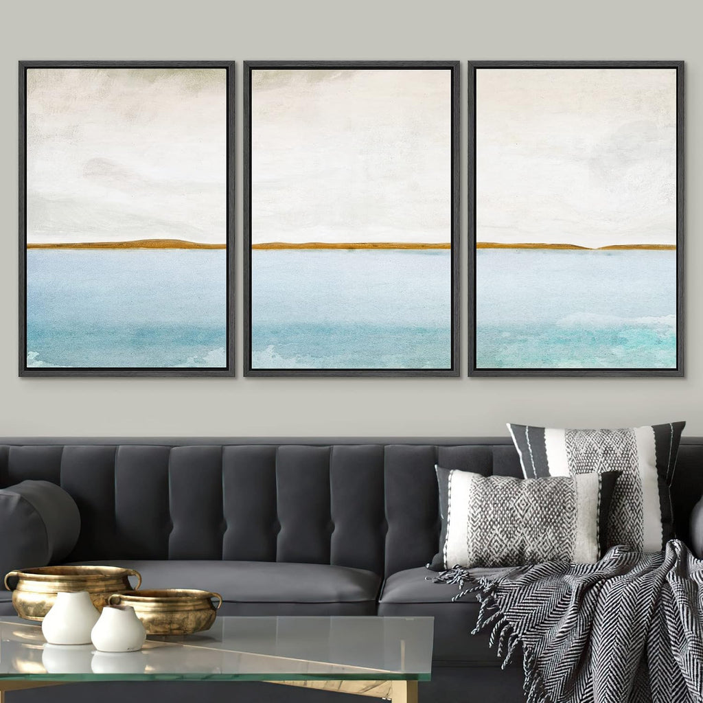 SIGNWIN Framed Canvas Print Wall Art Set Grunge Blue Watercolor Landscape Shapes Abstract Illustrations Modern Art Decorative Nordic Calm Colorful for Living Room, Bedroom, Office - 16'x24'x3 Black