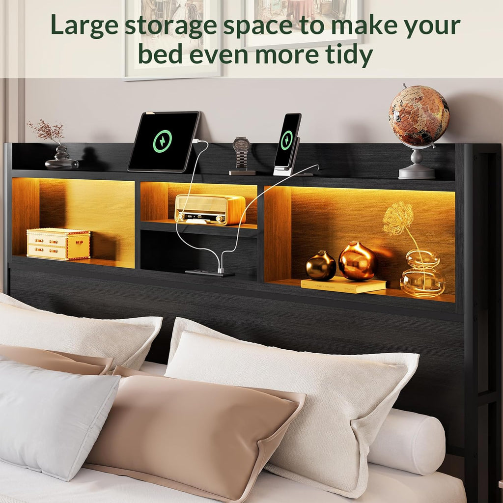 LARMACE King Size Bed Frame with 6 Storage Drawers and Headboard Wooden Platform Bed Frame with LED Lights and Charging Station Easy Assembly/No Box Spring Needed/Black