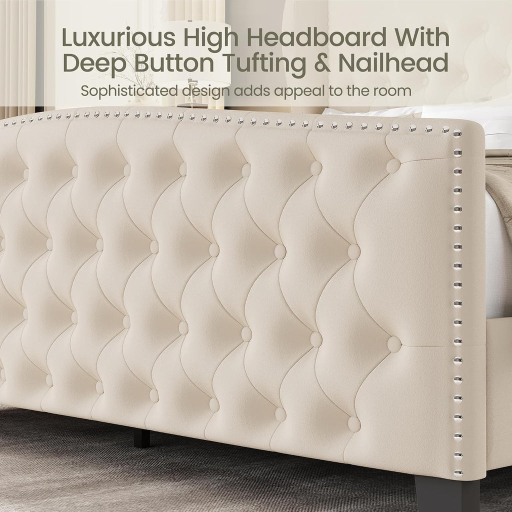 LARMACE King Size Bed Frame Velvet Upholstered Platform Bed with Wingback Headboard & Footbaord, Deep Button Tufted Bed Frame with Wood Slats Support, No Box Spring Needed, Beige
