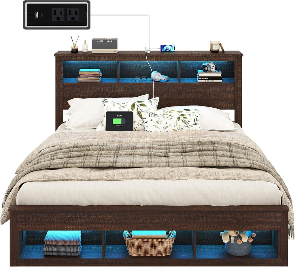 Albott Farmhouse King Size Bed Frame with Storage/Bookcase Headboard & Footboard, Wood Platform Bed with LED Lights/Charging Station, Heavy-Duty Metal Support/No Box Spring Needed/Noise-Free, Brown